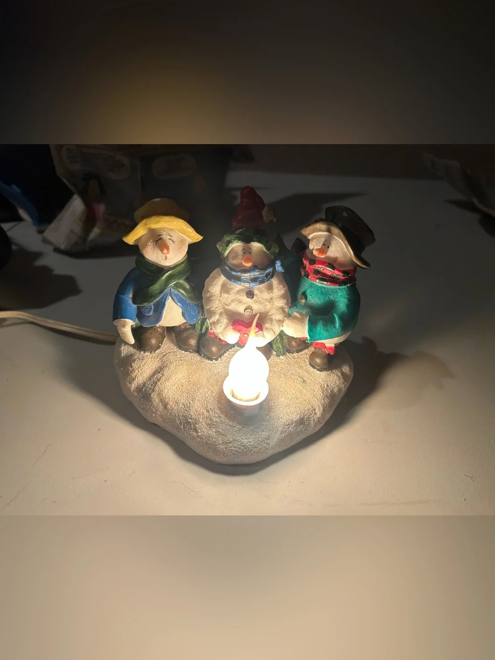 Vintage Snowmen Trio Three Snowmen Warming Up With Fire Figurine Light Up